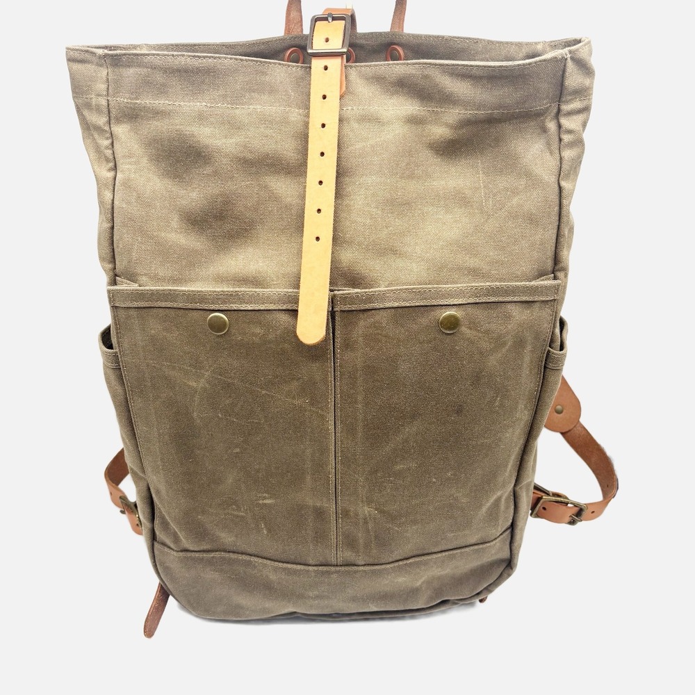 Winter Session Waxed Canvas Roll Top Backpack in Walnut Waxed + Tan Leather - Picture 2 of 16